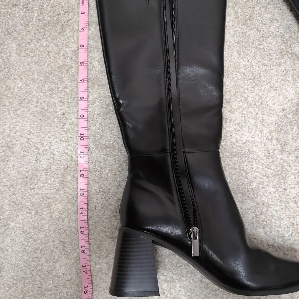 Black Square Toe Knee High Boots Minimalist